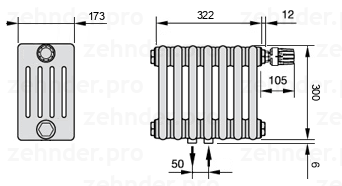 Схема (чертеж) Радиатор Zehnder Charleston 5030/7 №V008 Белый глянцевый RAL 9016